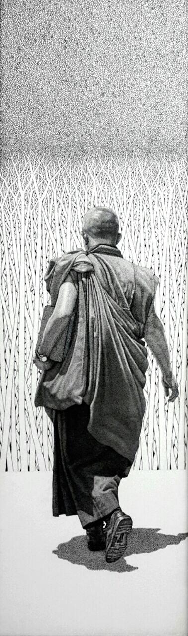 Figurative pen ink drawing titled 'Monk 15 Ii', 48x15 inches, by artist Prakash  Ghadge on Canvas