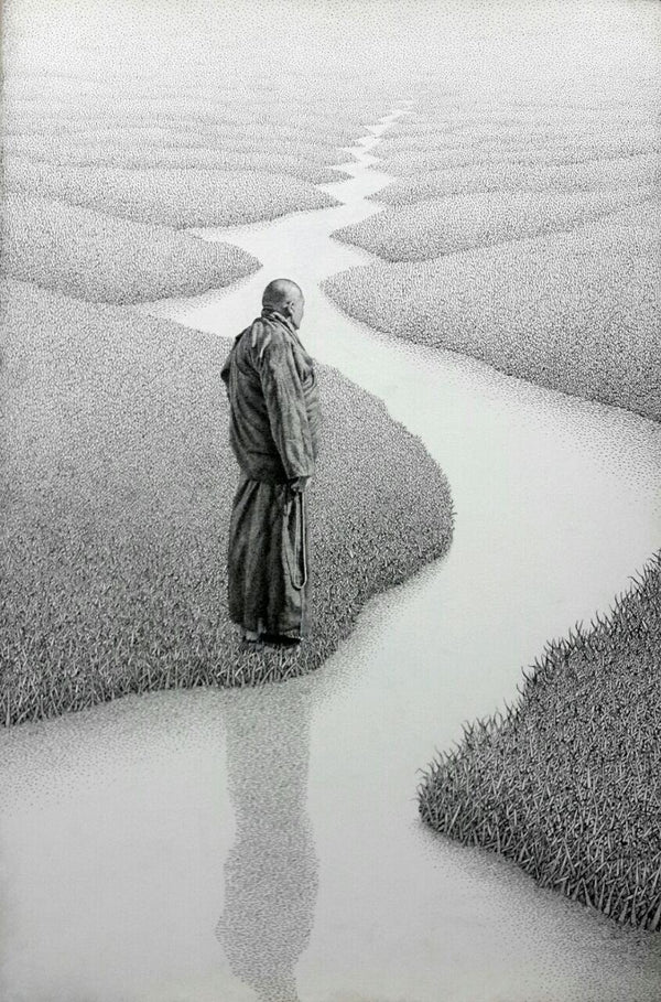 Figurative pen ink drawing titled 'Monk 17 I', 30x20 inches, by artist Prakash  Ghadge on Canvas