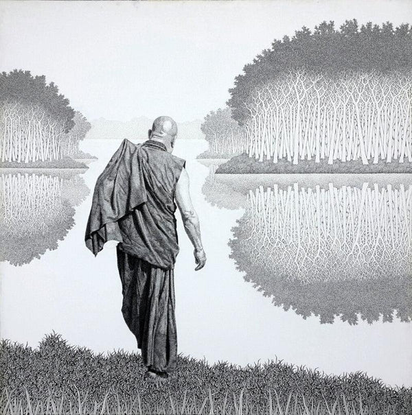 Figurative pen ink drawing titled 'Monk 17 Ii', 36x36 inches, by artist Prakash  Ghadge on Canvas