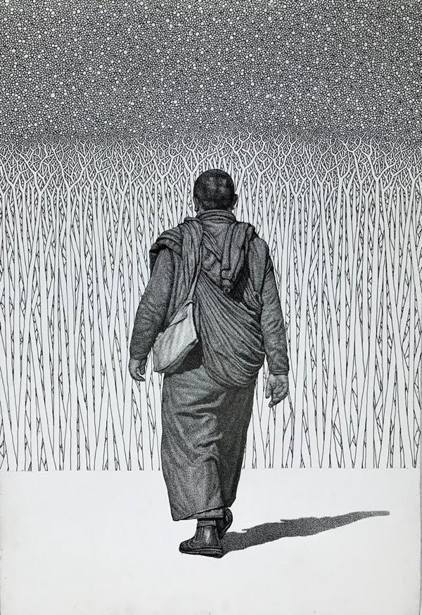 Religious pen ink drawing titled 'Monk 19 Vii', 38x26 inches, by artist Prakash Ghadge on Canvas