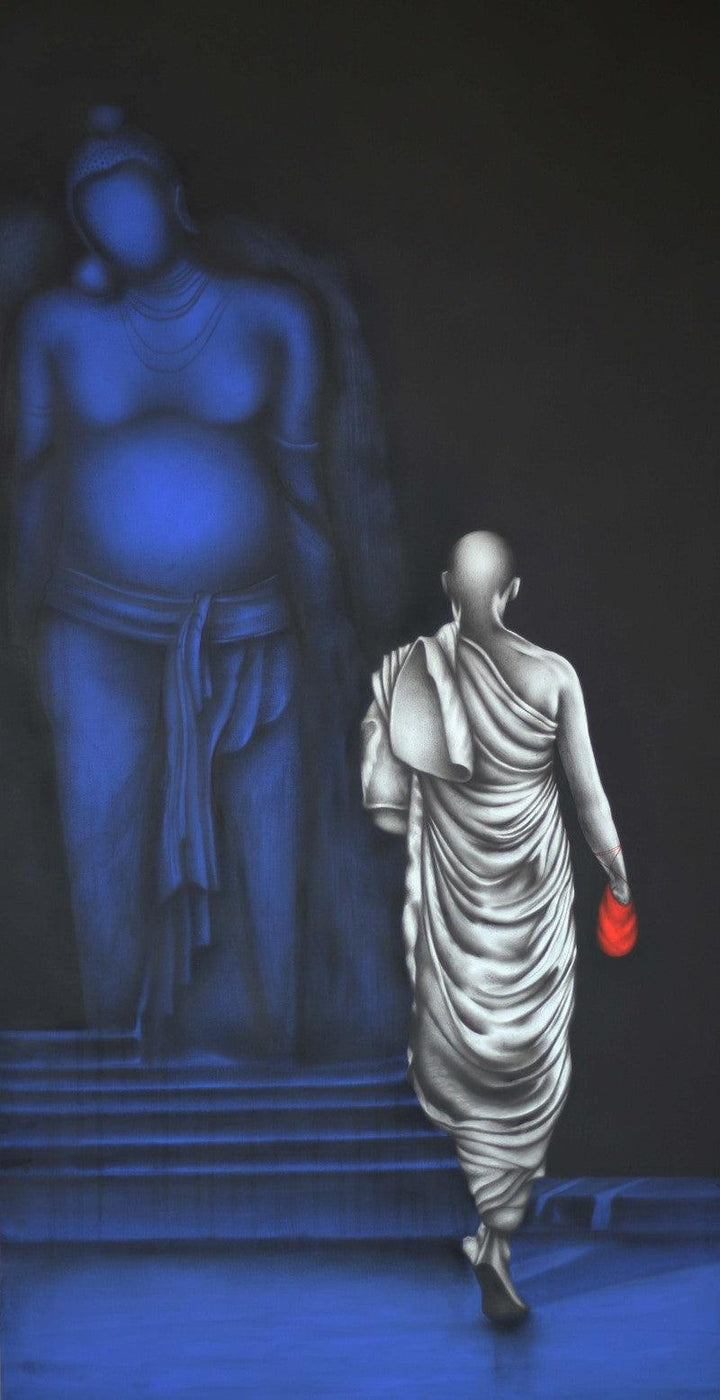 Religious charcoal painting titled 'Monk 2', 48x24 inches, by artist Yuvraj Patil on Canvas