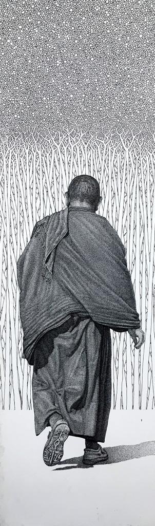 Religious pen ink drawing titled 'Monk 20 II', 48x15 inches, by artist Prakash Ghadge on Canvas