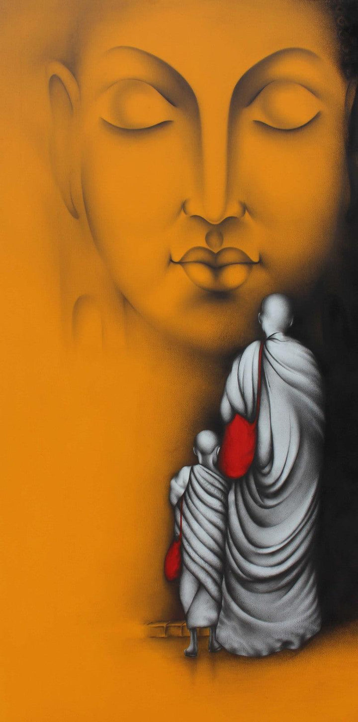 Religious charcoal painting titled 'Monk 4', 48x24 inches, by artist Yuvraj Patil on Canvas