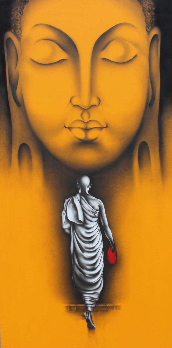 Religious charcoal painting titled 'Monk 5', 48x24 inches, by artist Yuvraj Patil on Canvas