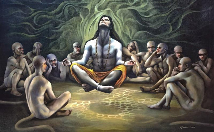 Religious acrylic painting titled 'Monk And Monkeys', 38x60 inches, by artist Guru Kinkar on Canvas