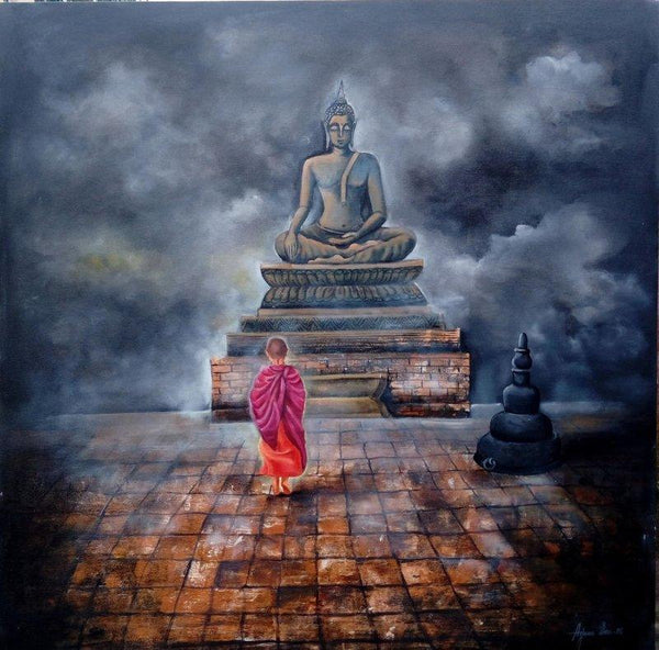 Religious acrylic painting titled 'Monk Child And Buddha', 48x60 inches, by artist Arjun Das on Canvas