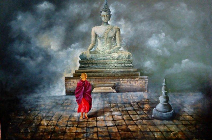 Religious acrylic painting titled 'Monk Of Buddhism Child', 36x48 inches, by artist Arjun Das on Canvas