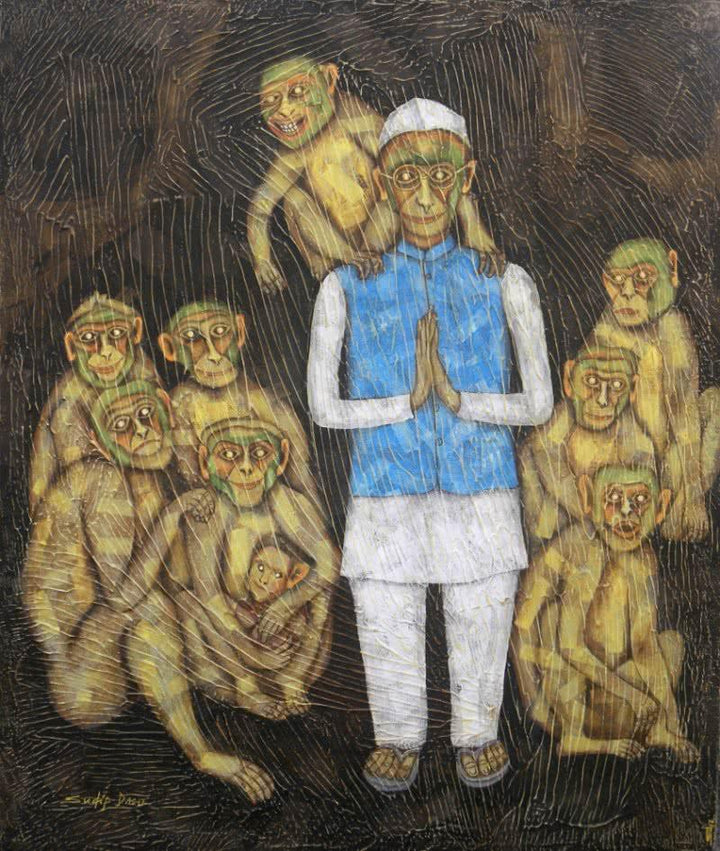 Figurative tempera painting titled 'Monkey whoops', 36x30 inches, by artist Sudip Das on Canvas