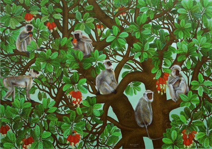 Animals acrylic painting titled 'Monkeys', 48x66 inches, by artist Roy K John on Canvas