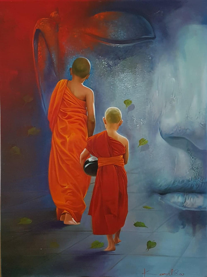 Religious oil painting titled 'Monks and the Master', 36x48 inches, by artist Kamal Rao on Canvas