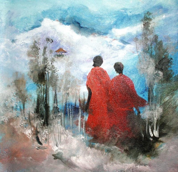 Landscape acrylic painting titled 'Monks', 14x14 inches, by artist AYAAN GROUP on Canvas