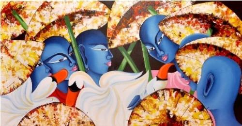 Figurative acrylic painting titled 'Monks Birds 24x48in Acrylic Oil On Canv', 24x48 inches, by artist Deepali Mundra on Canvas