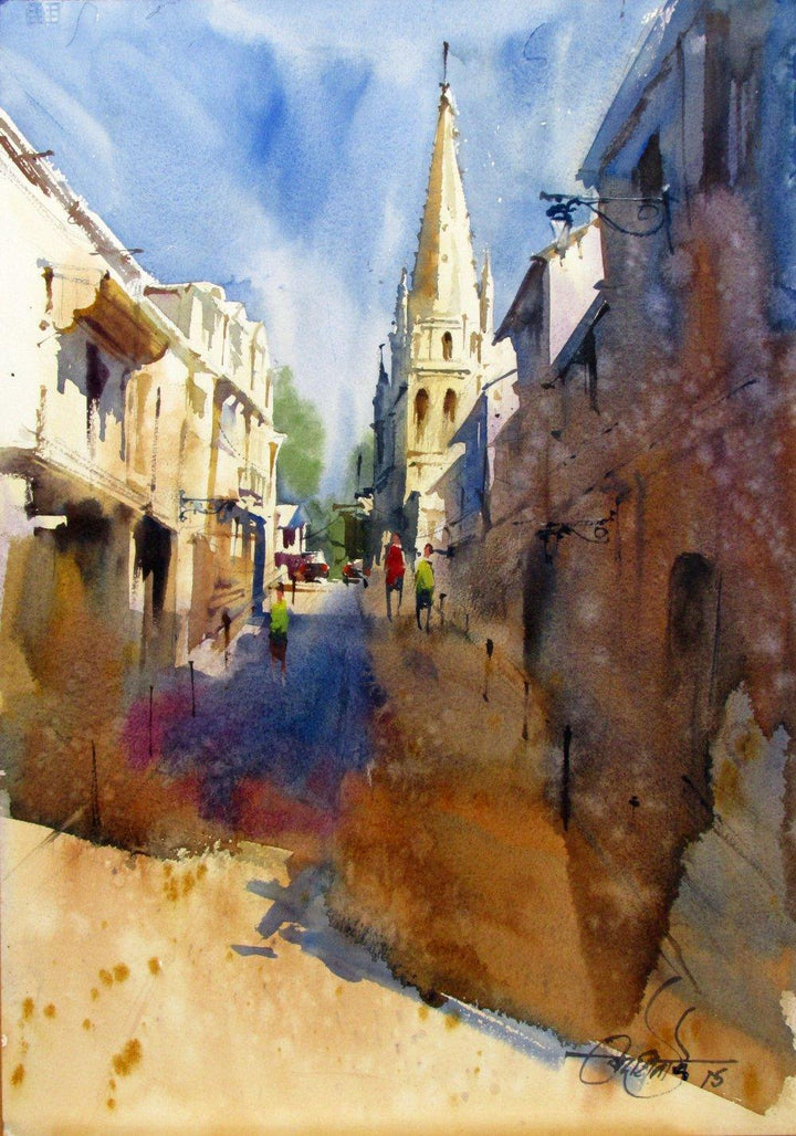 Landscape watercolor painting titled 'Monprimblanc street', 15x22 inches, by artist Vikrant Shitole on Paper