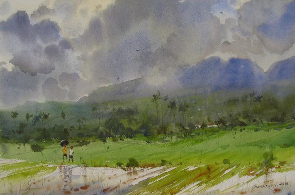 Nature watercolor painting titled 'Monsoon 1', 22x14 inches, by artist Bhargavkumar Kulkarni on Paper