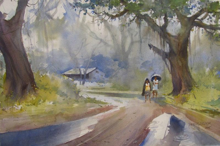 Nature watercolor painting titled 'Monsoon 2', 22x14 inches, by artist Bhargavkumar Kulkarni on Paper