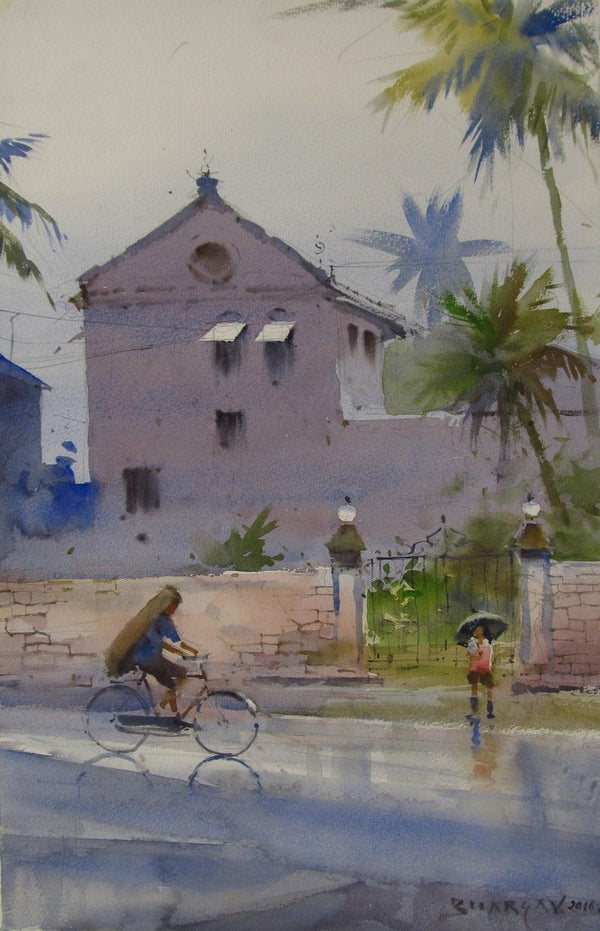 Landscape watercolor painting titled 'Monsoon 3', 22x14 inches, by artist Bhargavkumar Kulkarni on Paper