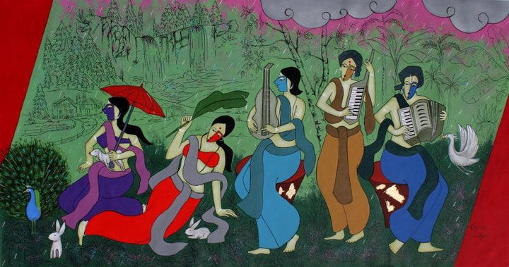 contemporary acrylic painting titled 'Monsoon Festival', 39x75 inches, by artist Chetan Katigar on Canvas