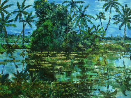 Landscape acrylic painting titled 'Monsoon Glory 2', 26x18 inches, by artist Manjula Dubey on Canvas