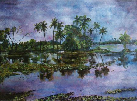 Landscape acrylic painting titled 'Monsoon Glory', 30x24 inches, by artist Manjula Dubey on Canvas