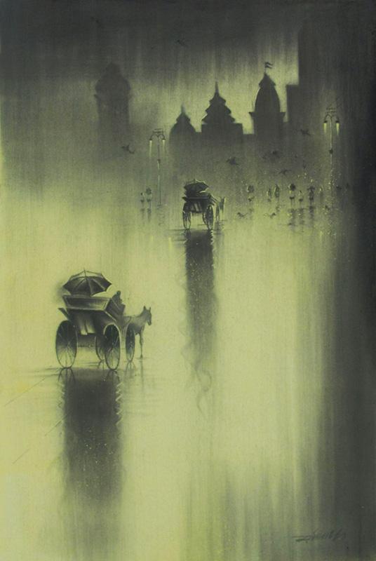 Cityscape charcoal drawing titled 'Monsoon I', 20x30 inches, by artist Somnath Bothe on Canvas