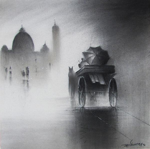 Cityscape charcoal drawing titled 'Monsoon II', 12x12 inches, by artist Somnath Bothe on Canvas