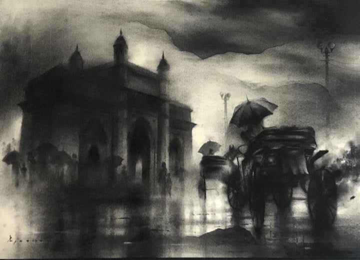 Cityscape charcoal drawing titled 'Monsoon In Mumbai', 15x20 inches, by artist Ajay De on Paper
