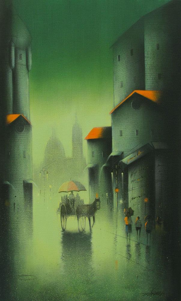 Cityscape acrylic painting titled 'Monsoon In Pune', 18x30 inches, by artist Somnath Bothe on Canvas