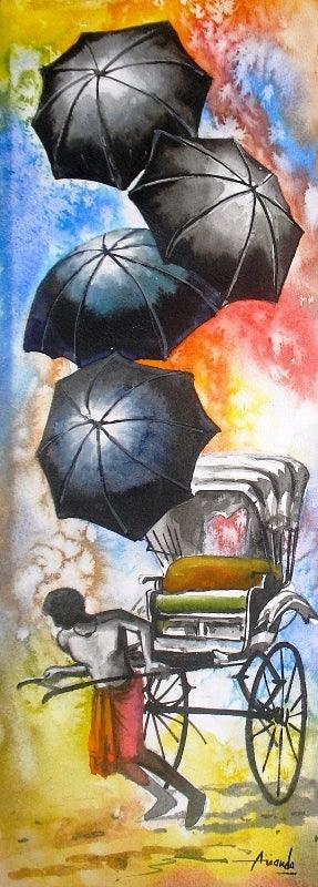 Cityscape watercolor painting titled 'Monsoon IV', 15x5 inches, by artist Ananda Das on Paper