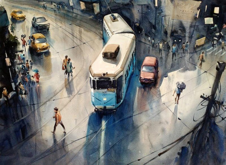 Cityscape watercolor painting titled 'Monsoon Kolkata 1', 22x30 inches, by artist Sankar Das on paper