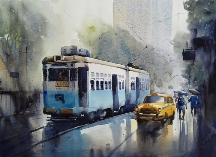 Cityscape watercolor painting titled 'Monsoon Kolkata 2', 22x30 inches, by artist Sankar Das on paper