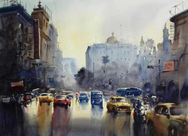 Cityscape watercolor painting titled 'Monsoon Kolkata 3', 22x30 inches, by artist Sankar Das on paper