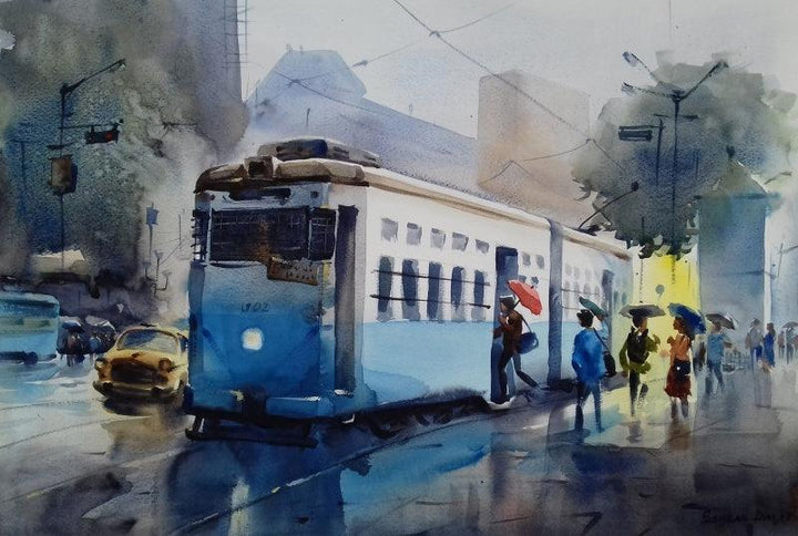 Cityscape watercolor painting titled 'Monsoon Kolkata 4', 15x22 inches, by artist Sankar Das on paper