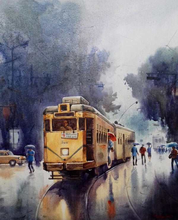 Cityscape acrylic painting titled 'Monsoon Kolkata 5', 30x24 inches, by artist Sankar Das on canvas