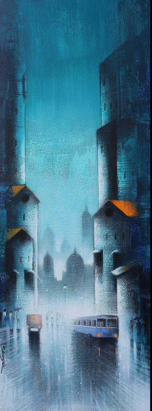 Cityscape acrylic painting titled 'Monsoon Ride 11', 48x18 inches, by artist Somnath Bothe on Canvas