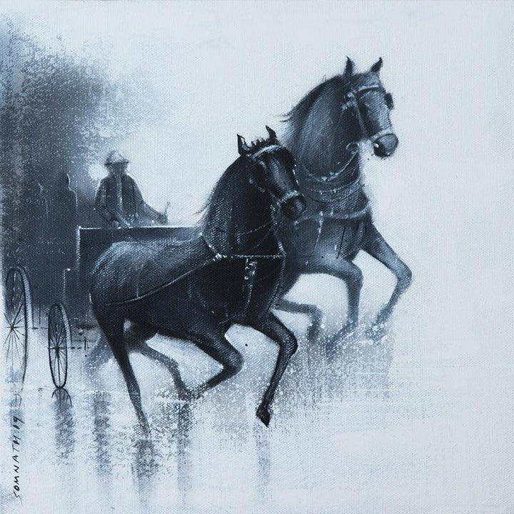 Animals acrylic charcoal painting titled 'Monsoon Ride 14', 12x12 inches, by artist Somnath Bothe on Canvas