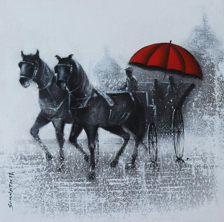 Animals acrylic charcoal painting titled 'Monsoon Ride 15', 12x12 inches, by artist Somnath Bothe on Canvas