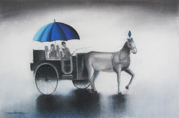 Cityscape mixed media painting titled 'Monsoon Ride', 12x18 inches, by artist Somnath Bothe on Canvas