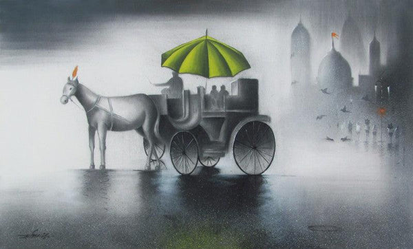 Cityscape mixed media painting titled 'Monsoon Ride Green', 18x30 inches, by artist Somnath Bothe on Canvas