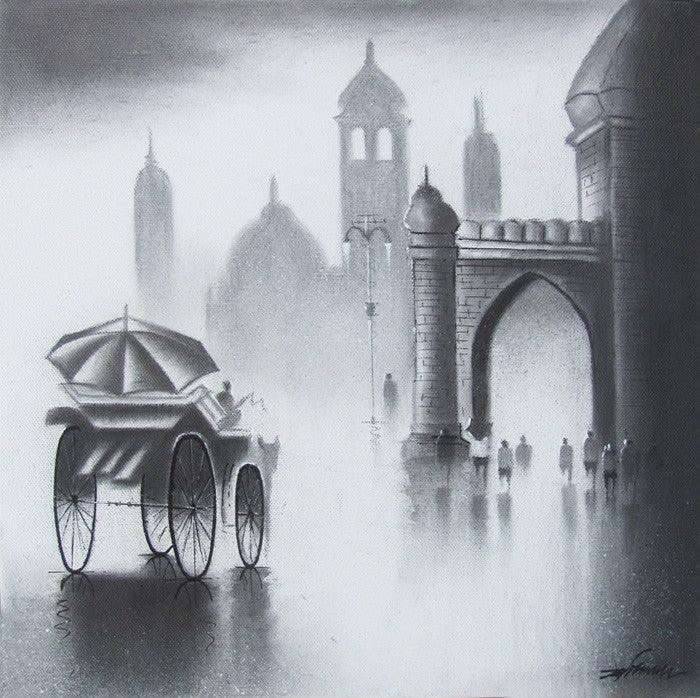 Cityscape acrylic painting titled 'Monsoon Ride I', 12x12 inches, by artist Somnath Bothe on Canvas