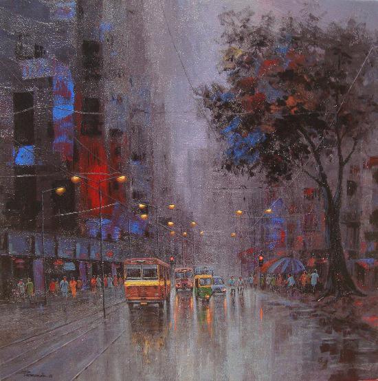 Cityscape acrylic painting titled 'Monsoon Shower', 30x30 inches, by artist Purnendu Mandal on Canvas