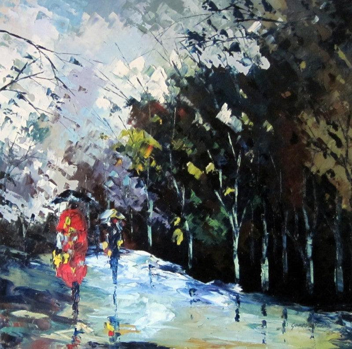 Cityscape oil painting titled 'Monsoon Walk', 26x26 inches, by artist Ganesh Panda on Canvas