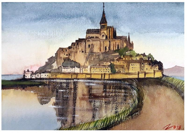 Cityscape watercolor painting titled 'Mont Saint Michel Normandy France', 7x11 inches, by artist Arunava Ray on Paper