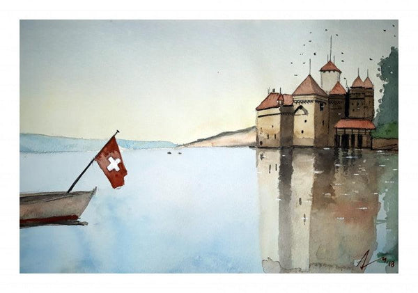 Cityscape watercolor painting titled 'Montreax Lussane Switzerland', 7x11 inches, by artist Arunava Ray on Paper