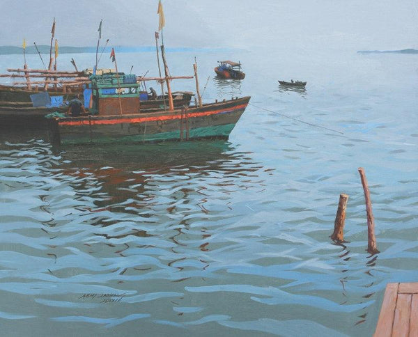 Seascape acrylic painting titled 'Mood Of The Sea', 24x30 inches, by artist Abhijit Jadhav on Canvas