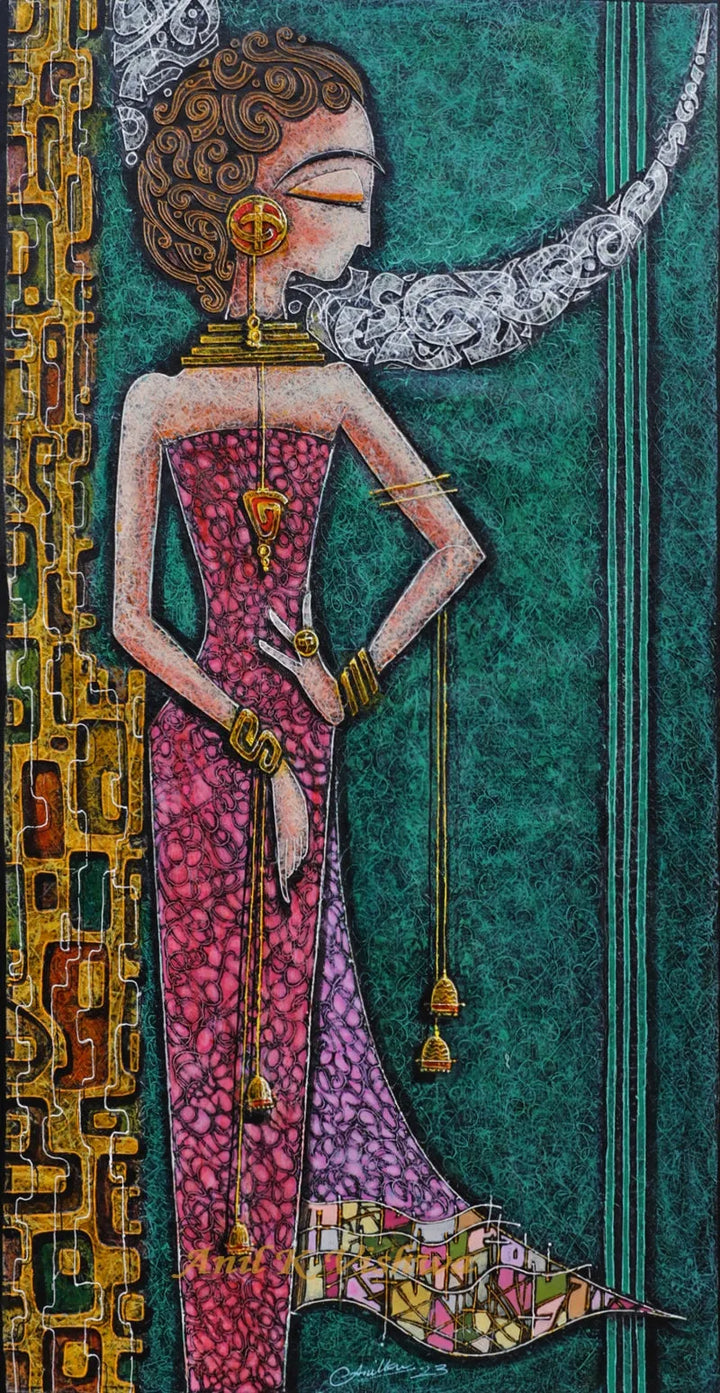 Figurative mixed-media painting titled 'The Moon 2 Send', 48x24 inch, by artist Anil Kumar Vishwakarma on Canvas