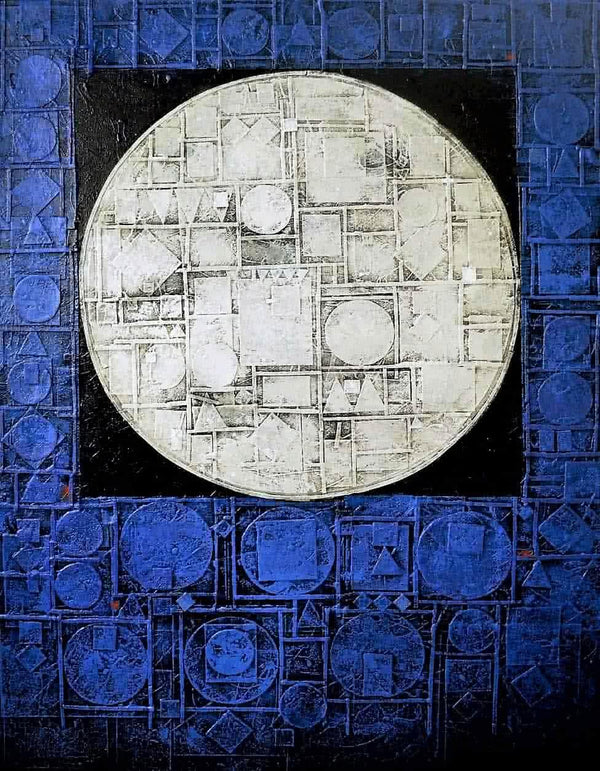 Abstract acrylic painting titled 'Moon', 48x36 inches, by artist Basuki Dasgupta on Canvas