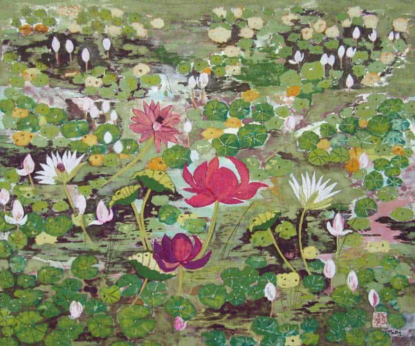 Landscape tempera painting titled 'Moonlit Pond', 25x21 inches, by artist Madhu Jain on handmade paper