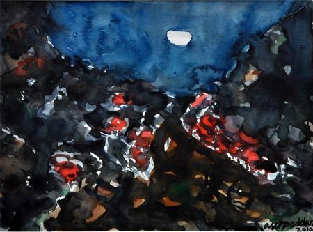 Abstract watercolor painting titled 'Moonlit Village 1', 10x13 inches, by artist Asit Poddar on Canvas