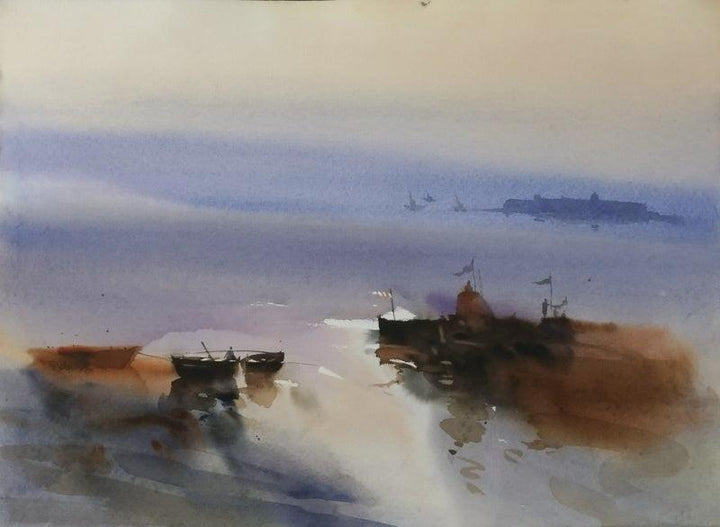 Landscape watercolor painting titled 'Mooring In The Mystique 22x30', 22x30 inches, by artist Prashant Prabhu on Paper