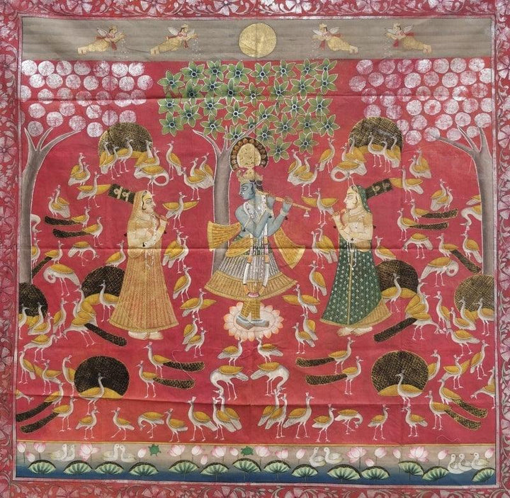 Religious pichwai traditional art titled 'Morkutir Pichwai 3', 48x60 inches, by artist Pichwai Art on Cloth